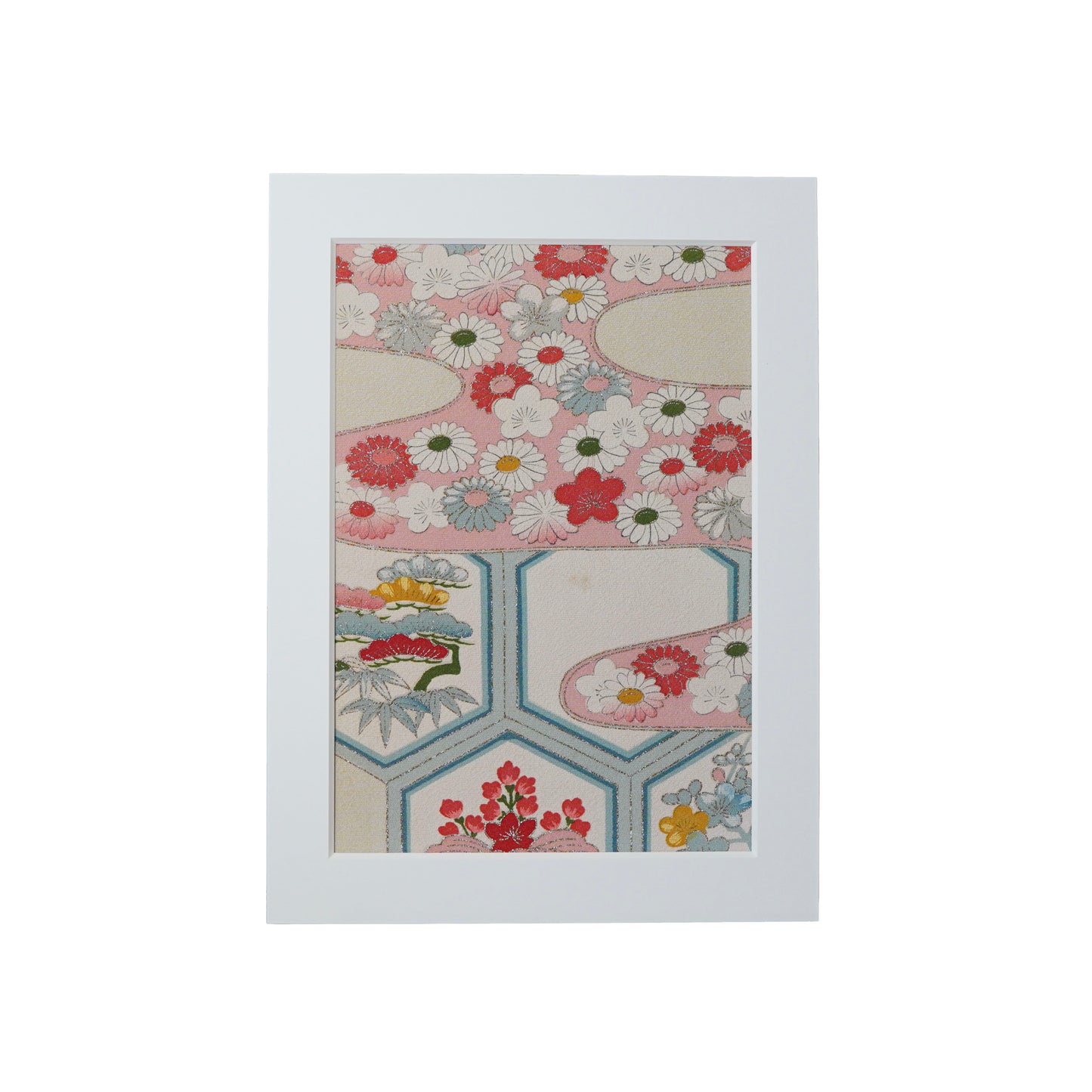 Japanese Kimono Fabric Art in Paper Frame / Sustainable Home Decor