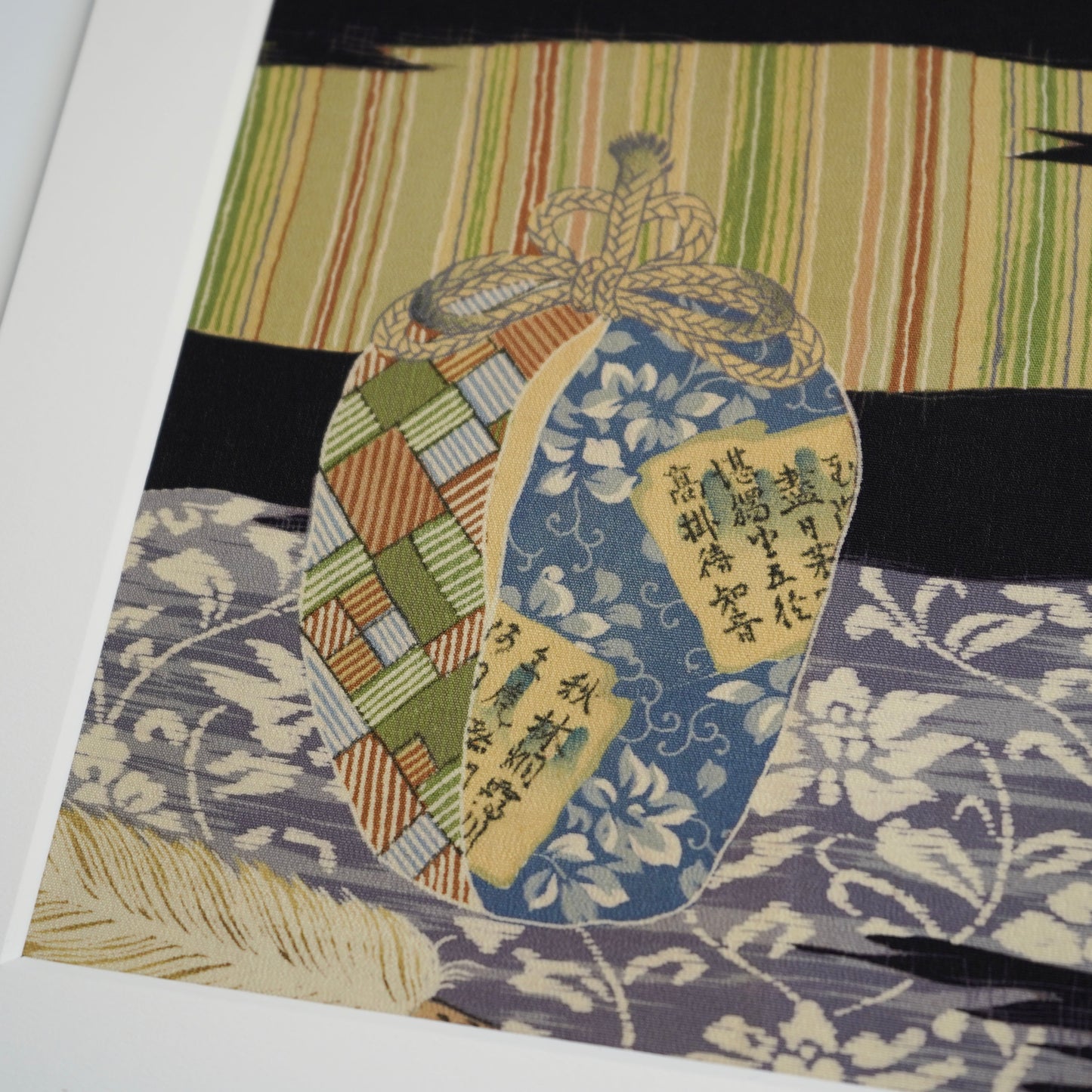 Japanese Kimono Fabric Art in Paper Frame / Sustainable Home Decor