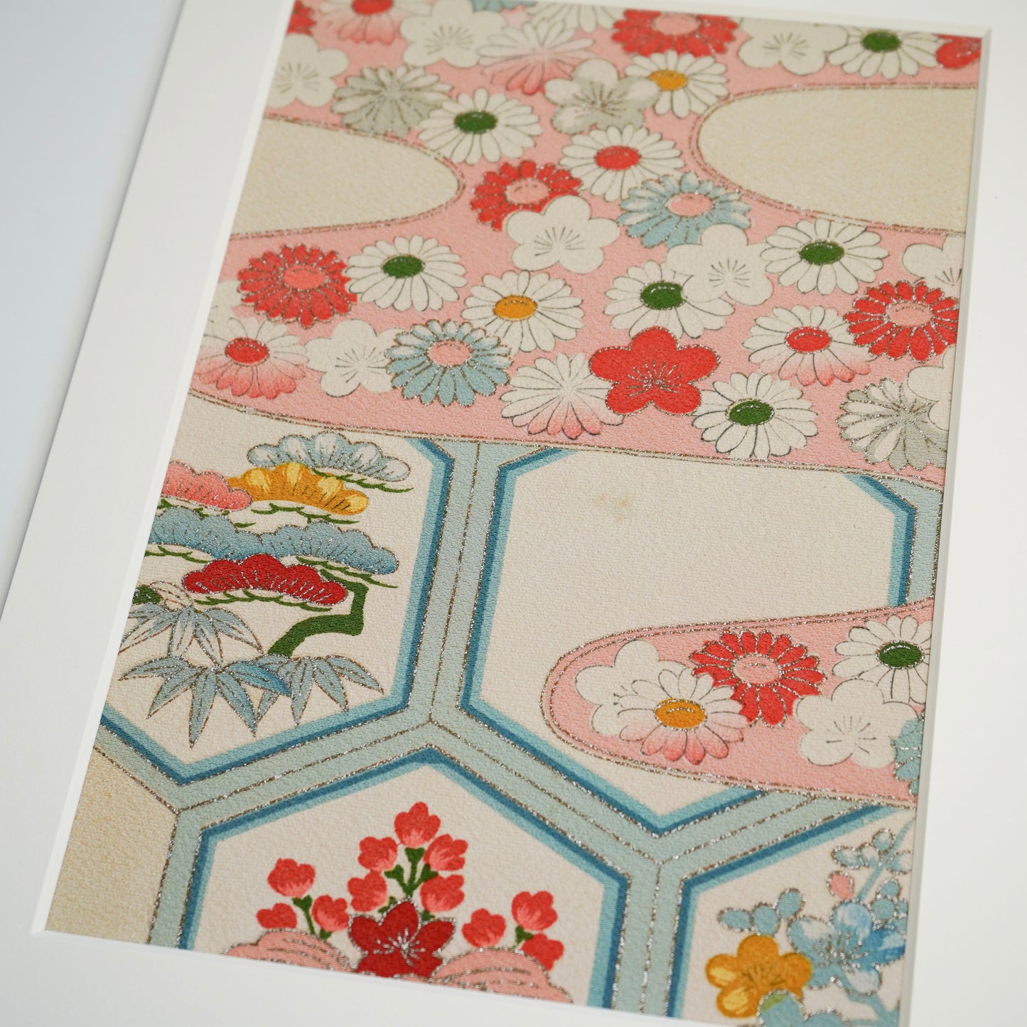 Japanese Kimono Fabric Art in Paper Frame / Sustainable Home Decor