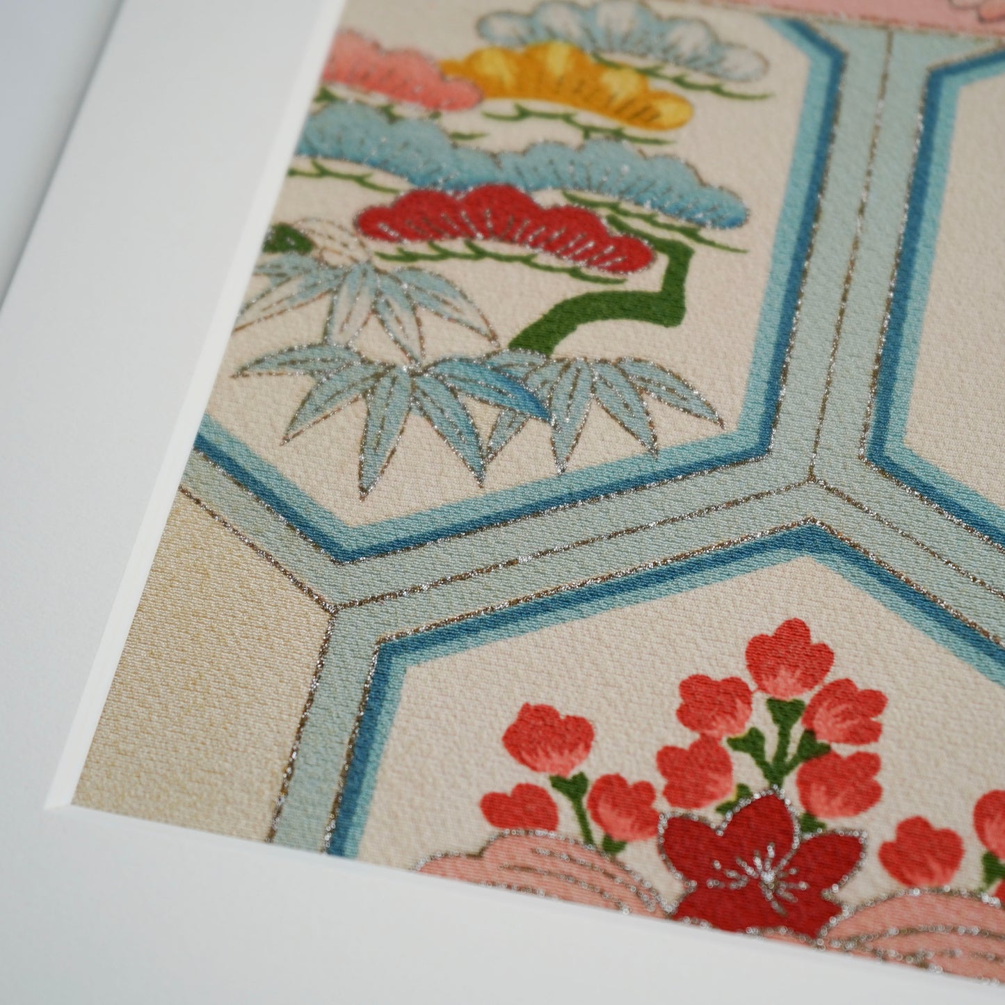 Japanese Kimono Fabric Art in Paper Frame / Sustainable Home Decor