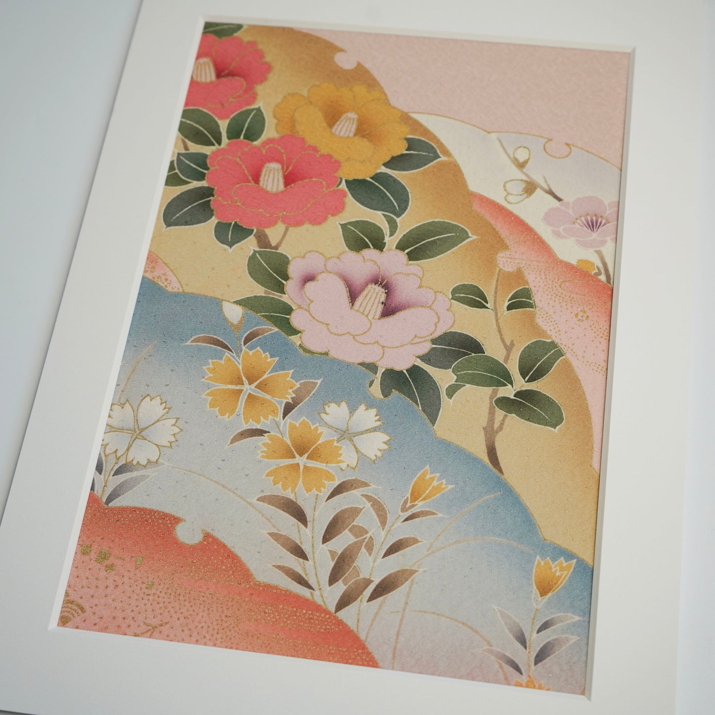 Japanese Kimono Fabric Art in Paper Frame / Sustainable Home Decor